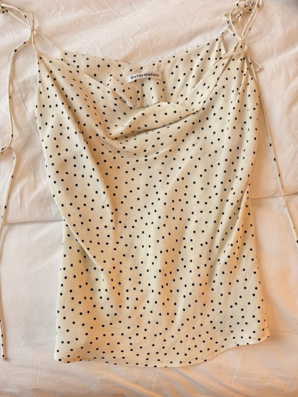 Reformation Cream Black Polka Dot Cowl Neck Tie Strap Cami Top S